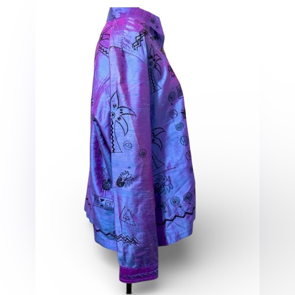 Bleu Bayou Purple Dupioni Silk Blouse Black Hand Beaded Embroidered Palms Size L - Picture 2 of 8
